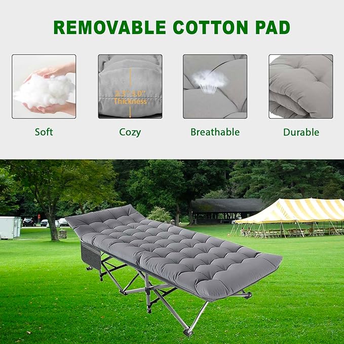 Camping Cot for Adluts, Sleeping Portable Bed Folding Outdoor Cot for Camping W/Soft Pad, Cement Grey