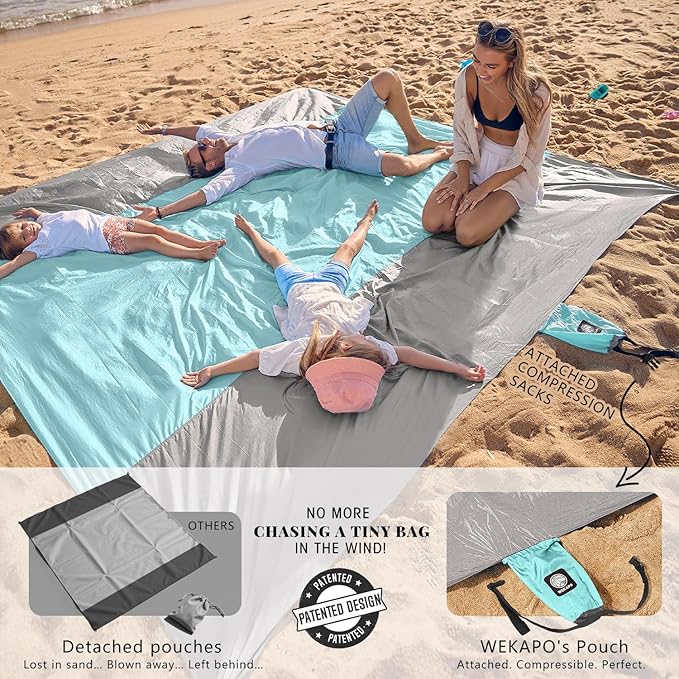 WEKAPO Beach Blanket Sandproof Waterproof, Extra Large Beach Mat, Oversized & Compact Sand Free Mat Quick Drying, Lightweight & Durable with Stakes & Corner Pockets