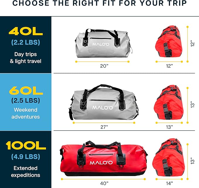 Malo’o Waterproof Dry Duffel, Heavy-Duty Roll Top Waterproof Gear Bag with Shoulder Strap & Molle Loops, Marine Duffel for Kayaking, Boating, Camping, Beach & Travel, Red, 100L