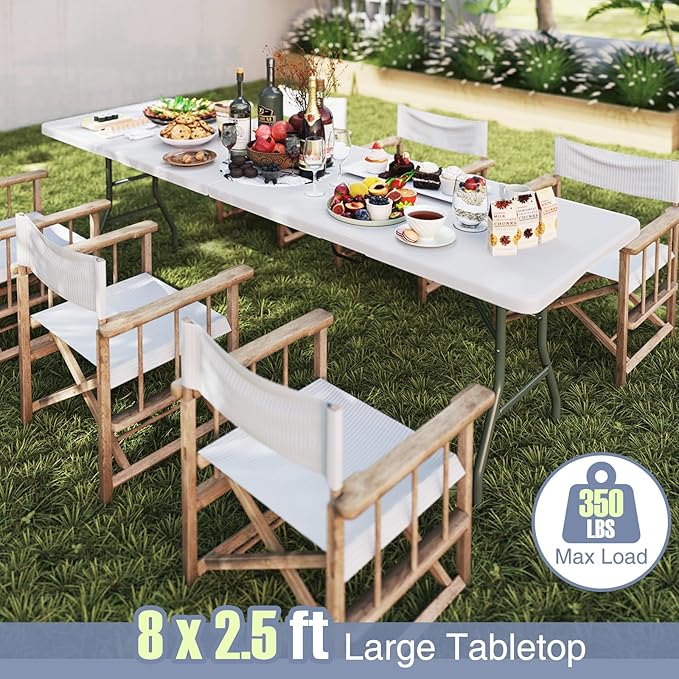 Folding Table, HDPE Portable Table with 8 ft Long Tabletop, Metal Frame Picnic Camping Table with Safe Lock, Collapsible Dining Table for Camping, Picnic, Party (White, 8 FT)