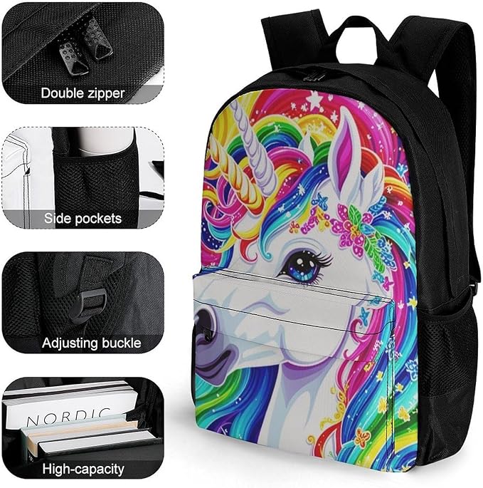Backpack Polyester Anti-Theft Multipurpose Colorful Rainbow Unicorn Bookbag Large Capacity Laptop Book Bag Rucksack With Side Pockets
