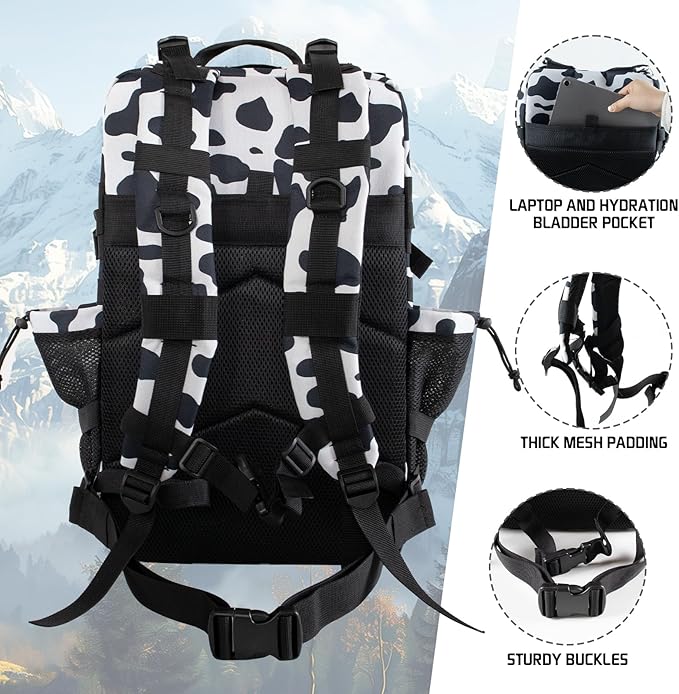 45L Military Tactical Backpack 3 Day Molle Assault Pack Large Army Bug Out Bag Rucksack Daypack for Men Outdoor Hiking Army Camping Hunting, Cow Print