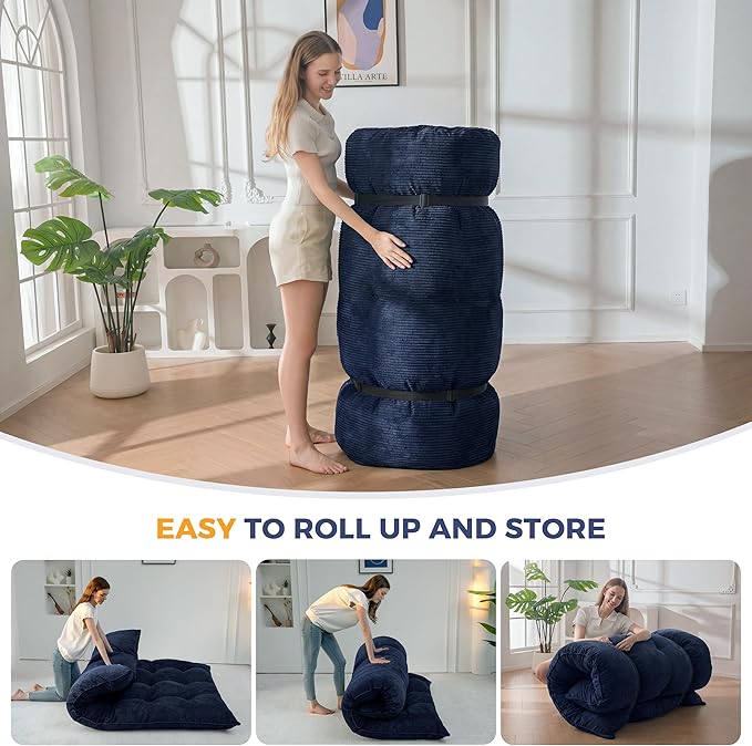 MAXYOYO 6" Japanese Floor Mattress, Foldable Futon Mattress Full Size, Tufted Roll Up Floor Bed, Thick Tatami Mat Sleeping Pad Portable Lounger for Camping Guest Room Dormitory Bedroom RV, Navy