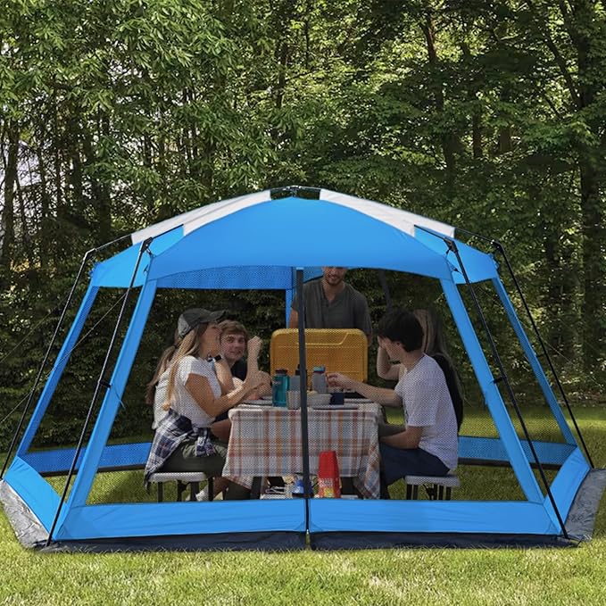 Hyper Venture Screen House 14x14ft Canopy Tent with 5-Sided Netting, Easy Setup, Portable Gazebo Shelter for Outdoor Camping, Gathering, Party, Picnic, Blue
