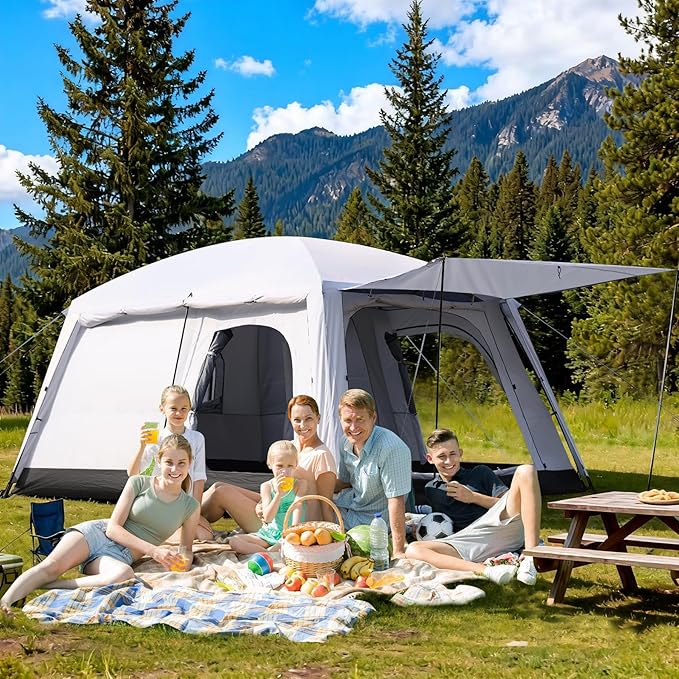 4-6 Person Camping Tent, Large Family Cabin Tents with Porch & Rainfly, Double Layer Waterproof Glamping Tent with 2 Rooms 2 Doors, Portable Big Tents for Outdoor Camping Hiking Party
