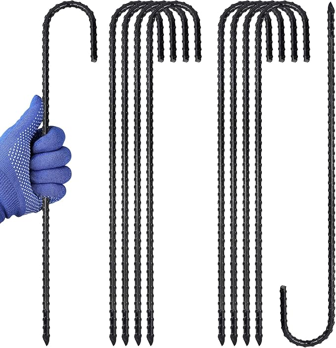 16 Inch J-Hook Rebar Stakes, HeavyDuty Anti-Rust Ground Anchors for Chainlink Fence, Garden Dog Fence, Sports nets, Camping Tent, Etc (20 Pack)