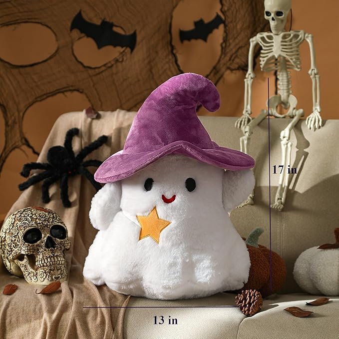 YRXRUS Ghost Pillows, Halloween Ghost Shaped Throw Pillows, Boo Purple Witch Hat Pillow Halloween Decor Gifts, 13x17 Inches Soft Faux Rabbit Fur Cushion