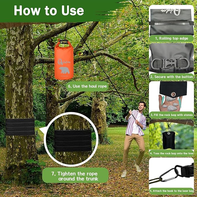 Qidoe Bear Food Bag for Camping Ultralight Food Bags Hanging System 10 L Waterproof Backpack Pulley Systems Includes Waterproof Bag, Nylon Ropes, Hooks for Camping Backpacking