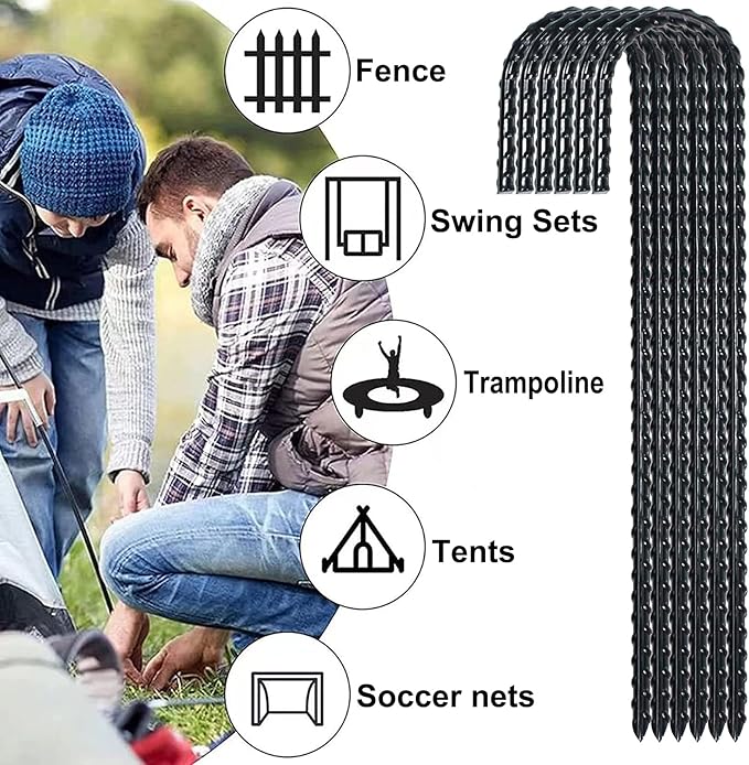 12 Inch Rebar Stakes Heavy Duty J Hook, Coated Steel Ground Stakes Tent Stakes Ground Anchors for Chain Link Fence Stakes and Trampoline Stakes (12)