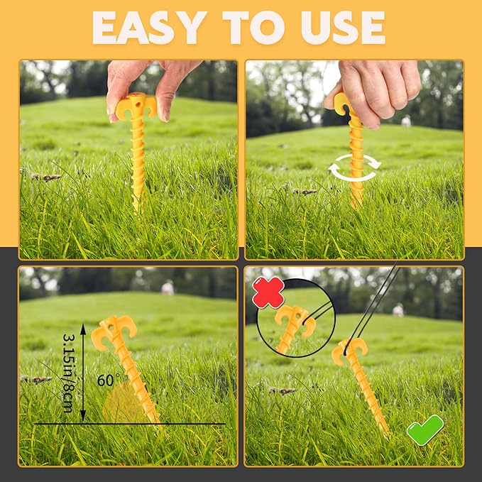AUGSUN 16 Pack Plastic Tent Stakes Heavy Duty, Yellow Sand Stakes for Beach 7.5 Inch Screw in Tent Stakes Spiral Ground Anchors Tent Pegs Canopy Stakes for Inflatables Outdoor Camping Hiking Garden