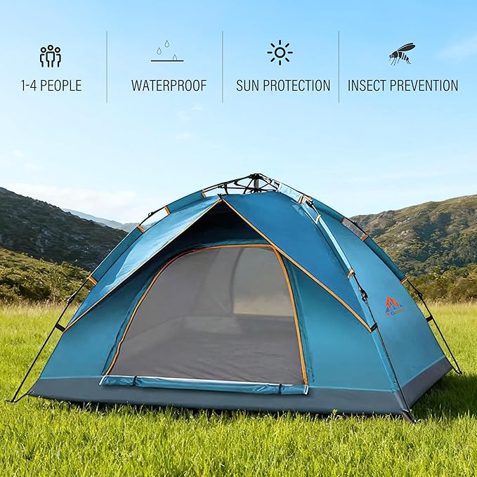 Quick Set Up Waterproof 4-Person Camping Tent with Bug Netting - Instant Pop-Up Tent for Family Camping & Hiking | All-Weather 4-Season Outdoor Shelter