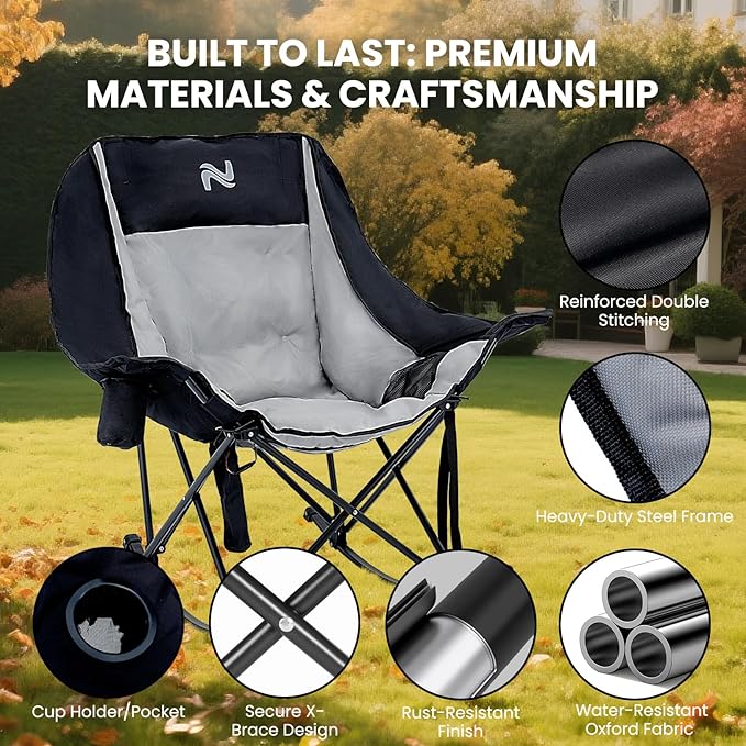 Begonia.K Oversized Heated Rocking Camping Chair - 400lbs Capacity Padded Camping Recliner w/ 3 Levels Back Seat Heat - Folding Lawn Chair with Side Pockets for Camp Patio Backyard