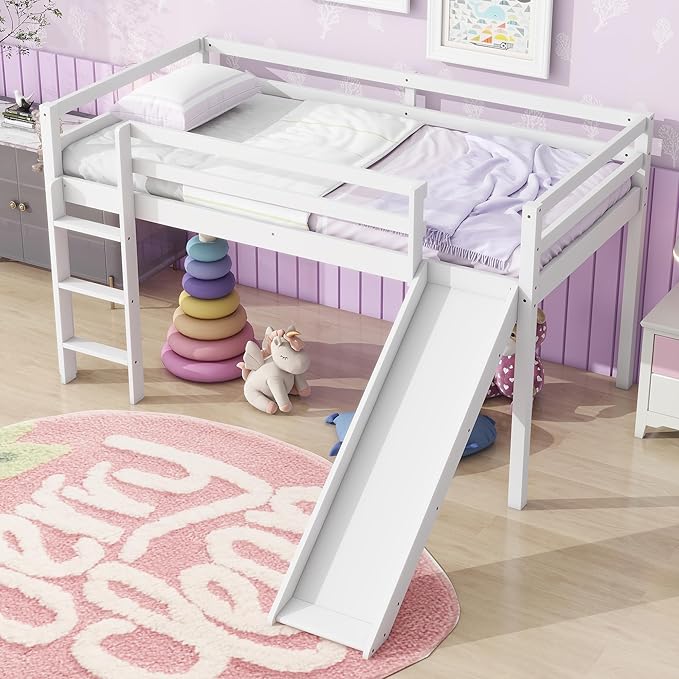 KEIKI Twin Loft Bed with Slide, Ladder, Rubber Wood Frame, Underbed Play Area & Storage, White