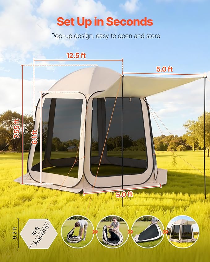 Pop Up Screen House Tent VEVOR 10 x 9.2 FT Pop-Up Screen Room with Awning, Portable Screen Tent Gazebo for 4–8 Person, Instant Screen Canopy with Carry Bag for Patio Backyard Camping