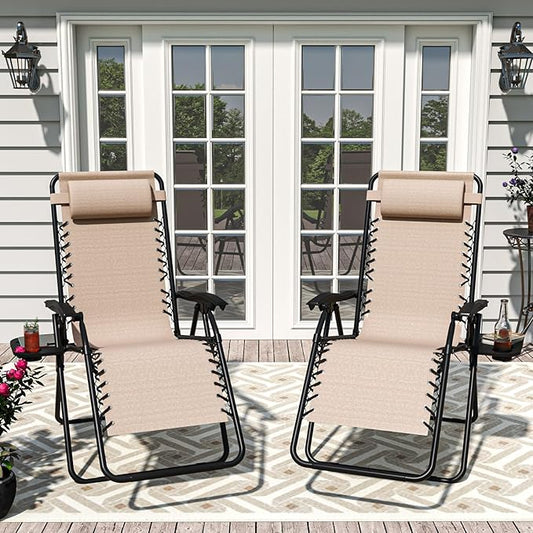 Set of 2 Adjustable Zero Gravity Lounge Chairs Outdoor Recliner w/Cup Holder Tray & Removable Pillows, Ergonomic Reclining Chair for Camping Patio Lawn Balcony (Beige-Brown)