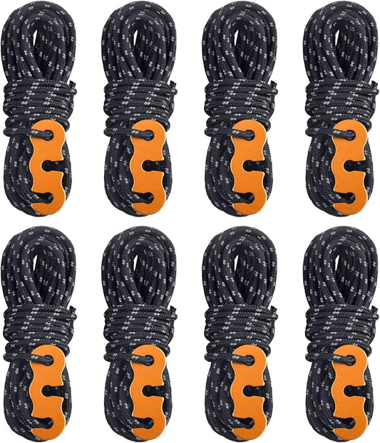 TRIWONDER Reflective Guyline, Tent Cord Nylon Paracord Rope with Guyline Adjuster for Camping Tent, Outdoor Packaging (Black - 8 Pack)