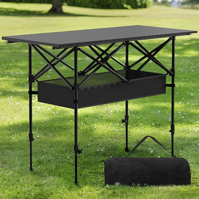 Folding Camping Table,Portable Roll-up Picnic Table with Carry Bag & Mesh Storage,Lightweight Camp Table for Camping,Picnic,Backyard,Party,Patio,BBQ