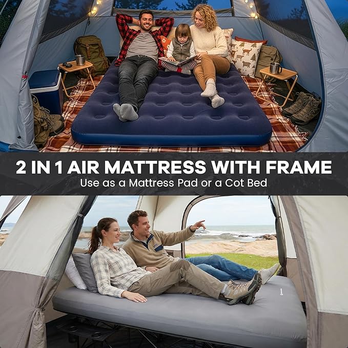 FUNDANGO Queen Camping Cot with Electric Pump, 2 Person Inflatable Air Mattress with Folding Frame, Portable Camping Bed with Cup Holders & Removable Cover for Adults, Tent Guest, Carry Bag Included