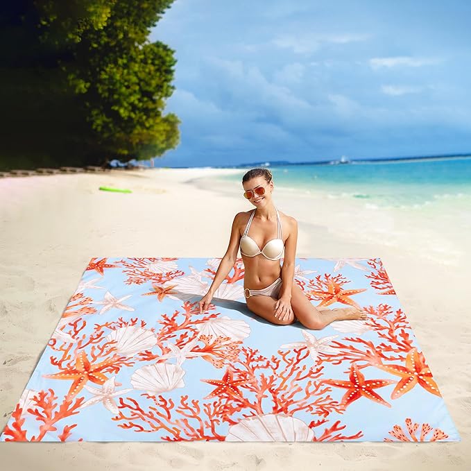 Beach Blanket, Waterproof Sandproof Beach Blanket with 4 Stakes & 4 Pockets, 78''×86'' Large Compact Lightweight Sand Free Outdoor Mat Essentials for Camping, Travel, Hiking