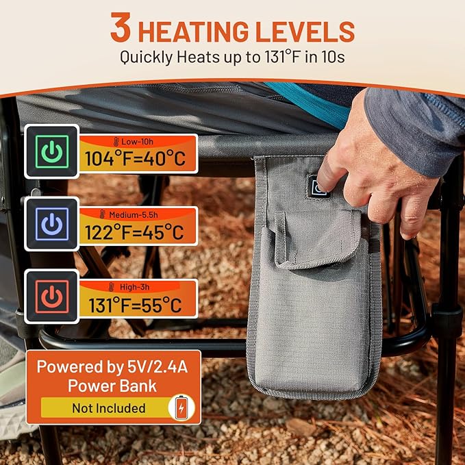 TIMBER RIDGE Heavy Duty Aluminium Heated Camping Chair with Compact Size, Portable Directors Chair Supports Up to 400lbs with Side Table and Pocket for Camping, Lawn, Sports (Power Bank not Included)