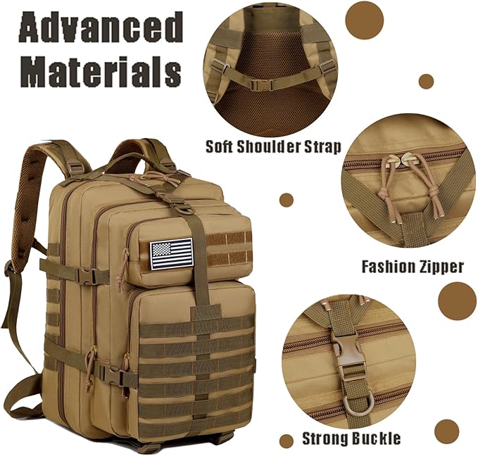 45L Military Tactical Backpack for Men, Large 3-Day Assault Pack MOLLE Rucksack, Waterproof Survival Bug Out Bag for Hiking, Camping, Hunting, Gym & Work, Includes US Flag Patch - Stealth Black
