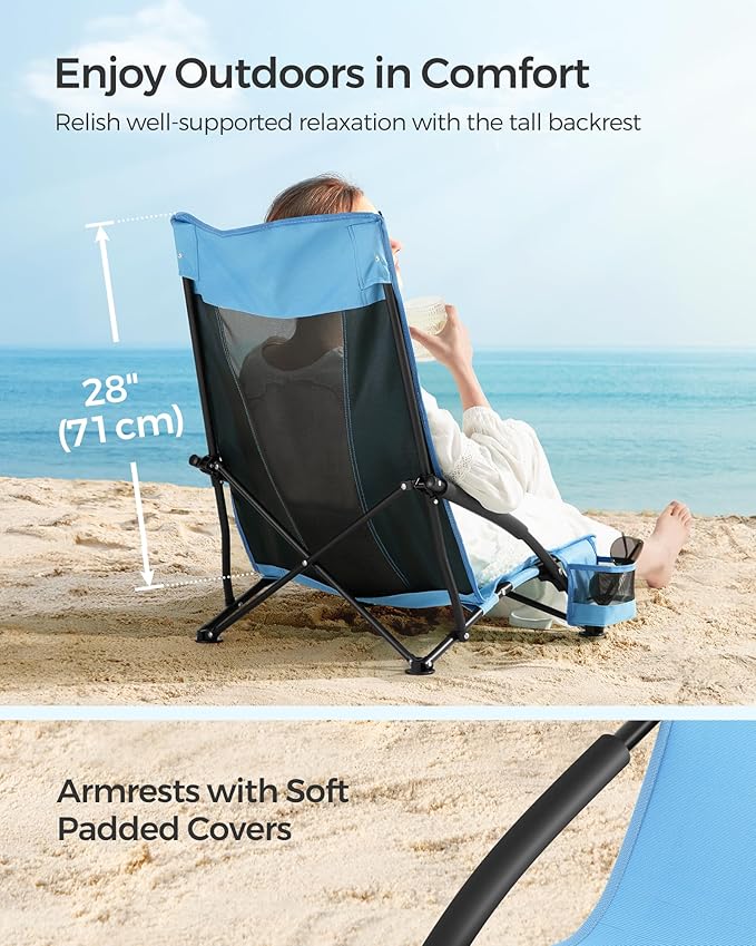 SONGMICS Set of 2 Portable Beach Chairs for Adults, Max. Load 330 lb Each, High Backrest, Cup Holder, Lightweight, Heavy-Duty, Light Blue UGCB067Q01V1