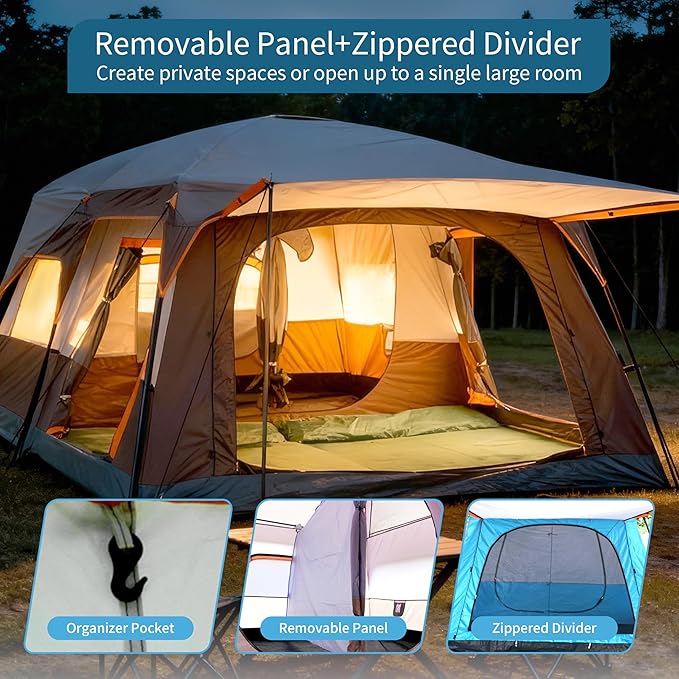 Large Family Standing Upright Camping Tent - 5-12 Persons Multi-Room Waterproof Tent with Screened Porch - Glamping Tent for Outdoor Camping & Family Vacation