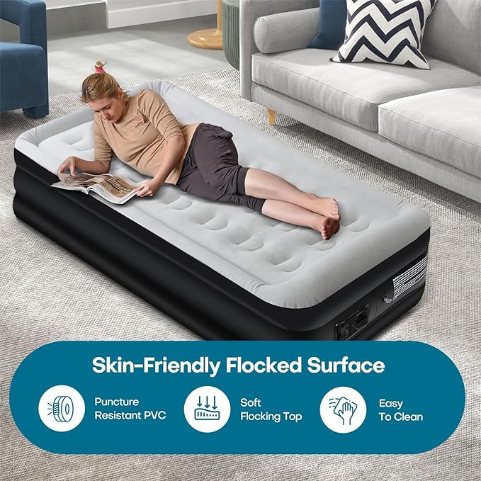 Panana Twin Air Mattress with Built in Electric Pump, Height 18.5" Comfort Blow up Inflatable Guest Air Bed Airbed with Flocked Top, Storage Bag for Family, Home, Camping