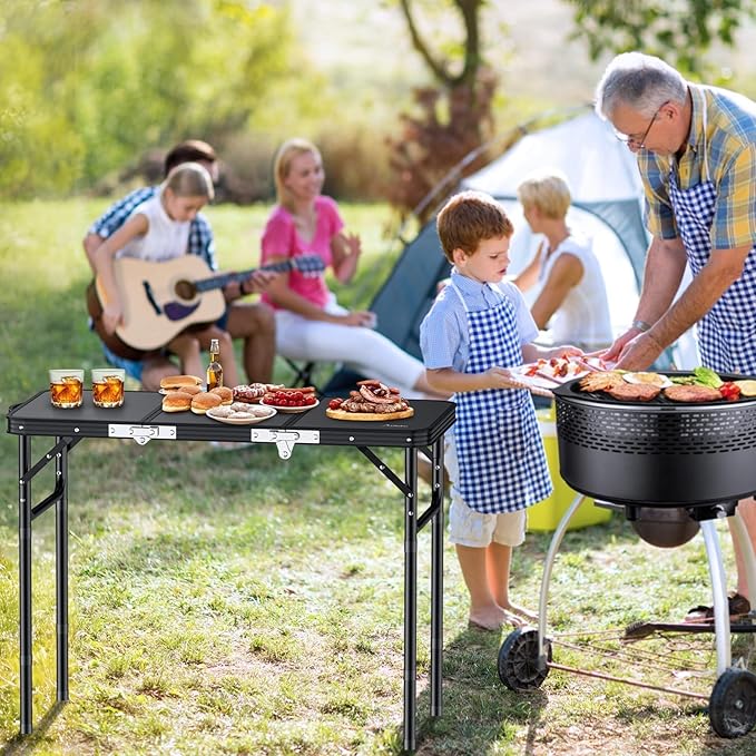 Folding Camping Table with Storage Net, 3ft Camping Table Aluminum Folding Table with 3 Adjustable Height Max 27.5 Inch Picnic Table Portable Table for Outdoor Backyard BBQ, Pure Black