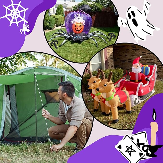 12 Sets Inflatable Stakes Replacement Set, 12 PCS 7.7" Inflatable Plastic Stakes with Tethers Ropes and Alloy Hooks, Heavy Duty Tent Stakes for Garden Yard Ground Halloween Christmas Outdoor Decor