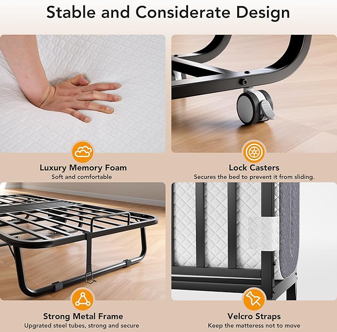 Folding Bed with Memory Foam Mattress, 75" x 38" Cot Size Portable Foldable Bed with Movable Wheels, Space-Saving Sturdy Metal Frame, Twin Rollaway Bed for Adults for Guest Room, Apartment, Camping