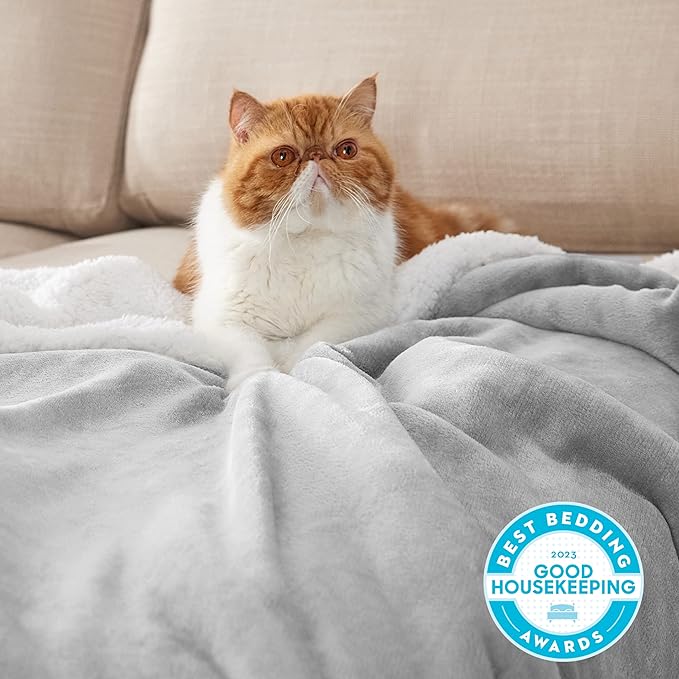 Bedsure GentleSoft Sherpa Fleece Blankets King Size for Bed - Thick and Warm, Soft Fuzzy Plush King Blanket for Winter, Light Grey, 108x90 Inches