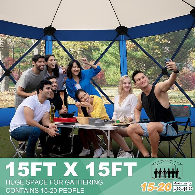 COBIZI 15x15 FT Pop Up Gazebo - Canopy Tent, Large Gazebos On Clearance with Sidewalls, Screened in Gazebo,carpas para Patio,Portable Screen Tents for 12-15 Persons Outdoor Camping, Backyard,Blue