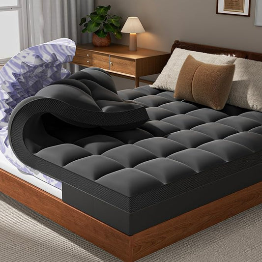 Dual Layer 5 Inch Memory Foam Mattress Topper King - 3 Inch Pillow Top Mattress Pad and 2 Inch Gel Memory Foam, 7-Zone Egg Crate King Size Mattress Topper (Black)