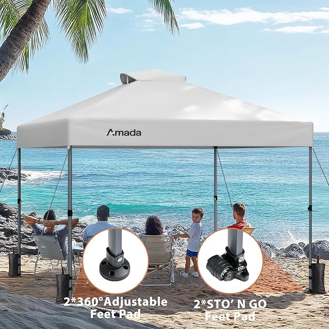 Amada 10x10 Pop Up Canopy - Center Lock One Push Instant Setup Gazebo Outdoor Canopy Beach Tent with STO-N-Go Bag 8 Stakes & 4 Sand Bags, 3-Height Adjustable Shade Shelter (10x10ft, White)