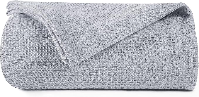 BOUTIQUO 100% Cotton Bed Blanket, Breathable Thermal Twin Size, Soft Honeycomb Waffle Blanket 60"x90", Perfect for Layering Any Bed for All Season, Light Grey