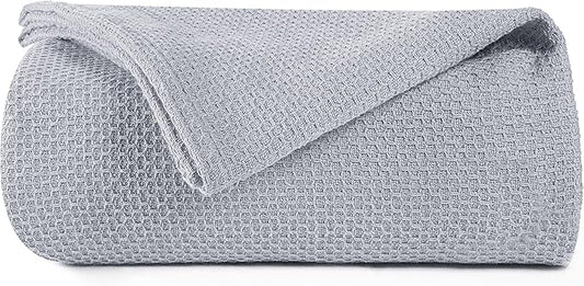 BOUTIQUO 100% Cotton Bed Blanket, Breathable Thermal Blanket King Size, Soft Honeycomb Waffle Blanket 90"x102", Cotton Bed Blanket, Perfect for Layering Any Bed for All Season, Light Grey