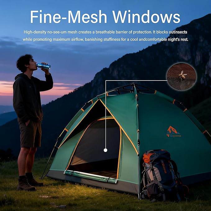 Quick Set Up Waterproof 4-Person Camping Tent with Bug Netting - Instant Pop-Up Tent for Family Camping & Hiking | All-Weather 4-Season Outdoor Shelter
