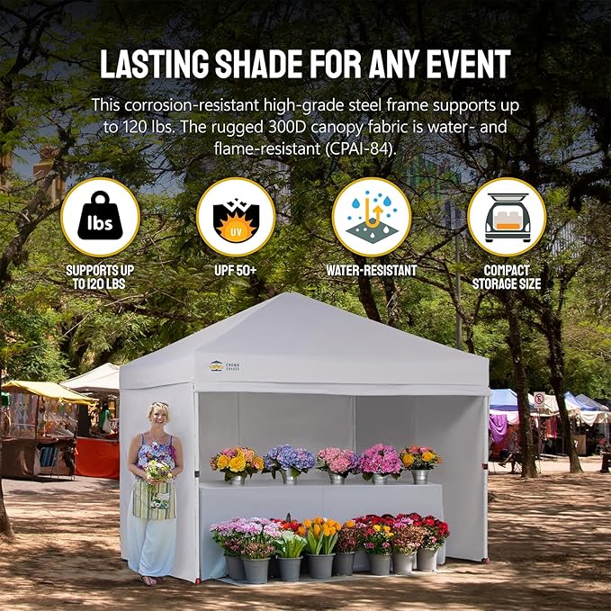 CROWN SHADES 10X10 Comercial Instant Canopy Pop Up Tent with Center Lock (10x10 with 4 Sidewalls, White)