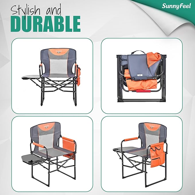 SUNNYFEEL Camping Directors Chair, Heavy Duty,Oversized Portable Folding Chair with Side Table, Pocket for Beach, Fishing,Trip,Picnic,Lawn,Concert Outdoor Foldable Camp Chairs