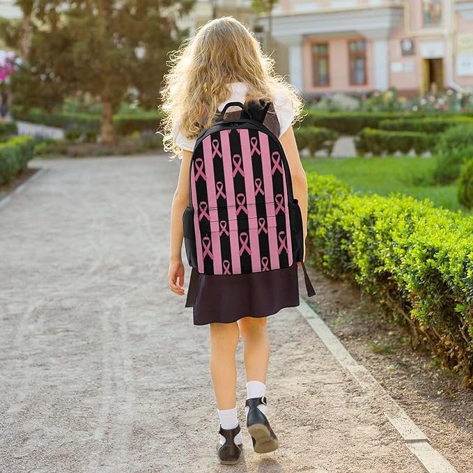 Lightweight Rucksack for Sports Travel Running, Big Capacity Multipurpose Anti-Theft Bookbag, Breast Cancer Awareness Stripes Ribbon Black Travel and Sport Backpack Rucksack