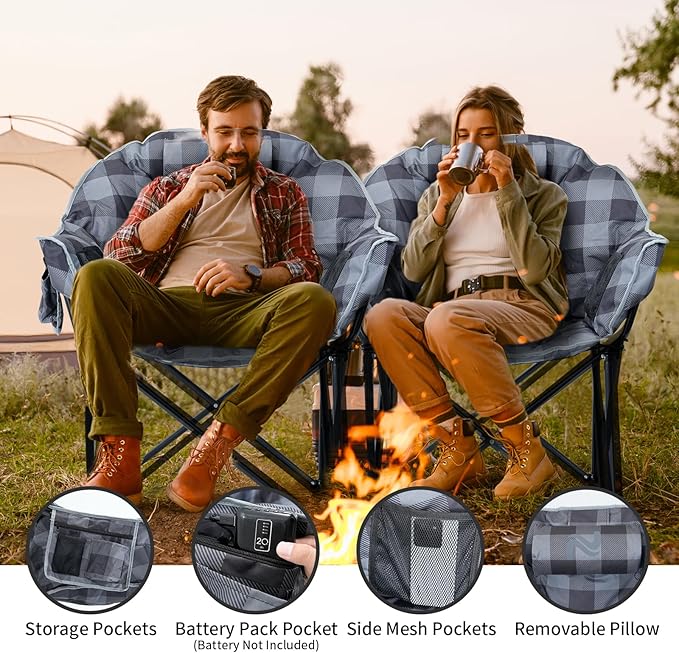 Oversized Heated Camping Chair, 3 Heating Levels Portable Folding Camp Chairs with Pillow and Storage Bag, Outdoor Heated Moon Chair for Camping Lawn Patio Beach and Picnics, Gray Grid