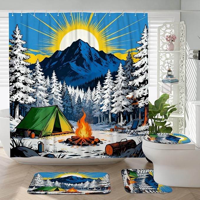 Mountain Shower Curtain Sets, Nature Outdoor Tent Campfire Summer Blue Waterproof Fabric Bathroom Sets with Shower Curtain and Rugs Decorative for Toile Guest Room 72x72 Inch
