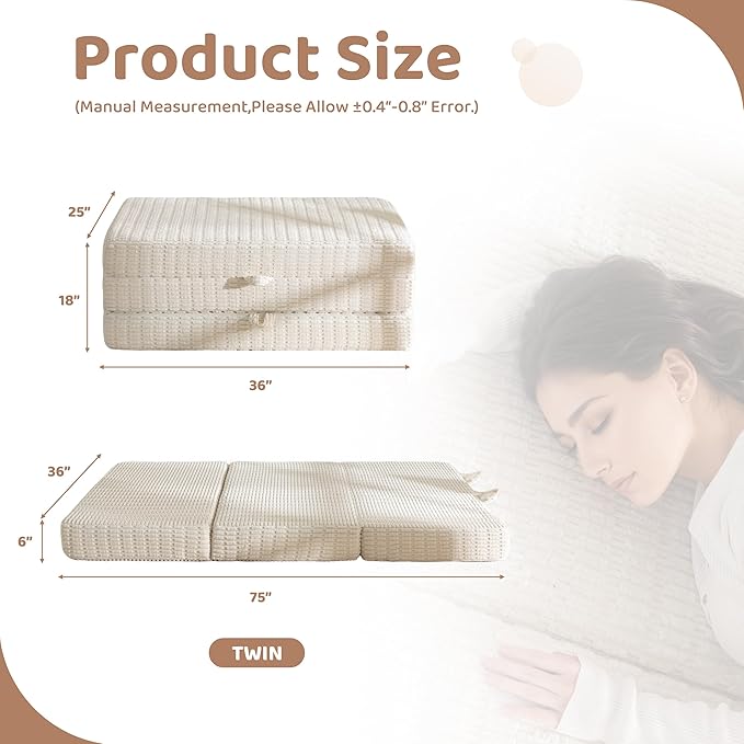 BYBYME Memory Foam Tri-Folding Mattress, 6 Inch Gel Folding Mattress Topper, Foldable Soft Guest Bed Camping Pad, with Washable Cover