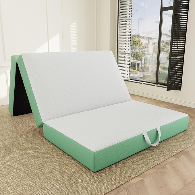 Memory Foam Trifold Mattress, Twin Portable Floor Bed 6 Inch, Foldable Mat with Washable Cover, Handle & Non-Slip Bottom, for RV, Travel, Camping, Yoga, 75"x38"x6", White Green