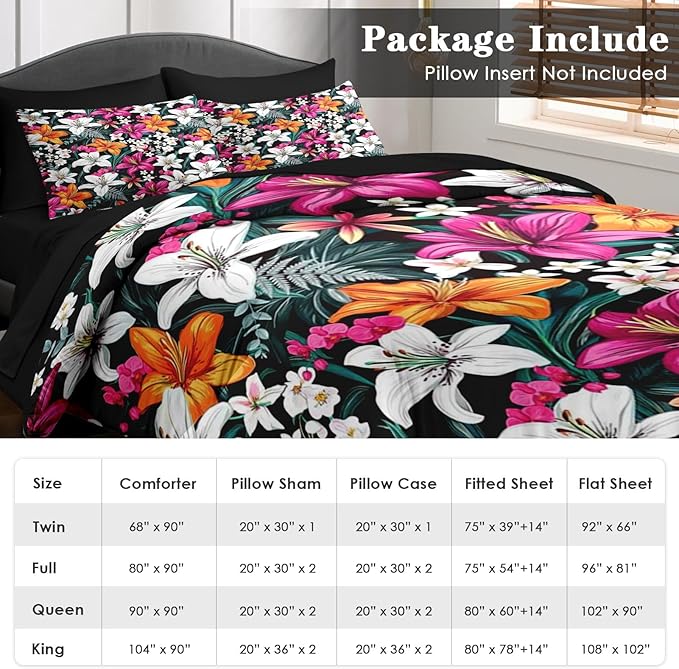 Comforter Set Full Size, Lilies Orange Pink Flowers 7 Pcs Bedding for Kids and Adults, Floral Blossom Hawaii Bed Sheet Sets with Fitted Sheet 2 Pillowcases & 2 Shams for Bedroom Bed Decor