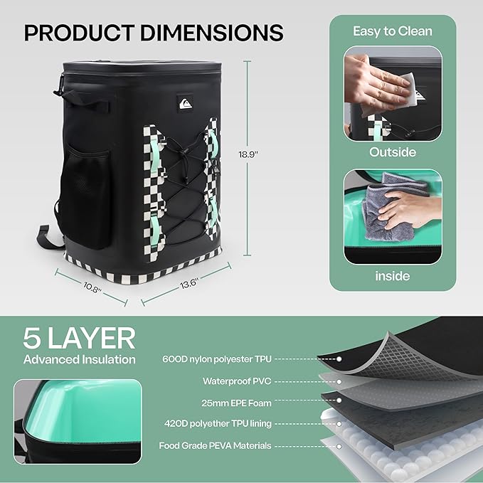 Quiksilver Welded Bungee Backpack Cooler, 30L/36 Cans, 48-72 Hours Insulation, Leakproof & Waterproof IPX7 Rated, Heavy-Duty 600D TPU, Adjustable Straps