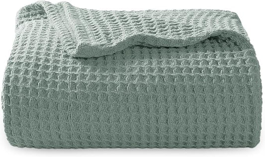 Bedsure Gentlesoft 100% Cotton Large Throw Blanket for Couch 50x70 inches - Breathable and Soft, Waffle Weave Throw Blanket for Office, Sage Green