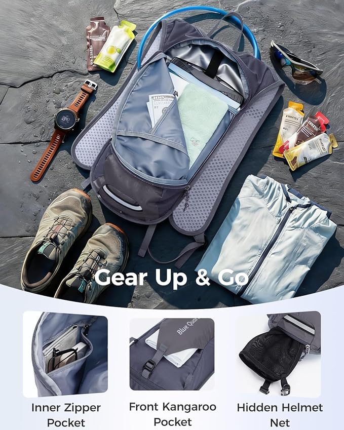 Blue Quartz Hydration Backpack with 2L Water Bladder - Lightweight Cycling & Running Pack for Men Women, Breathable Mesh Straps, L-Zip Wide Opening Hydration Pack for Quick Access