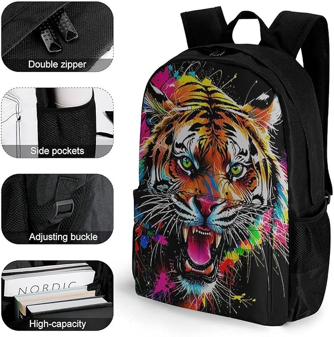 Men Women Polyester Multicolor Wild Tiger Roaring 3D Art Daypack Backpack Large Capacity Carry On Bag With Smooth Zippers for Hiking Picnic Walking Cycling